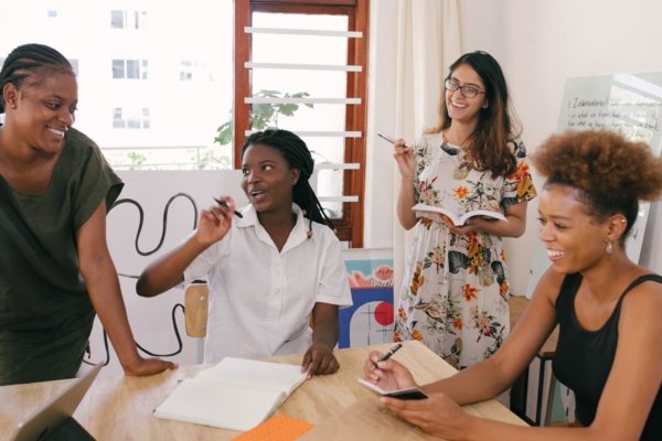 people talking around table